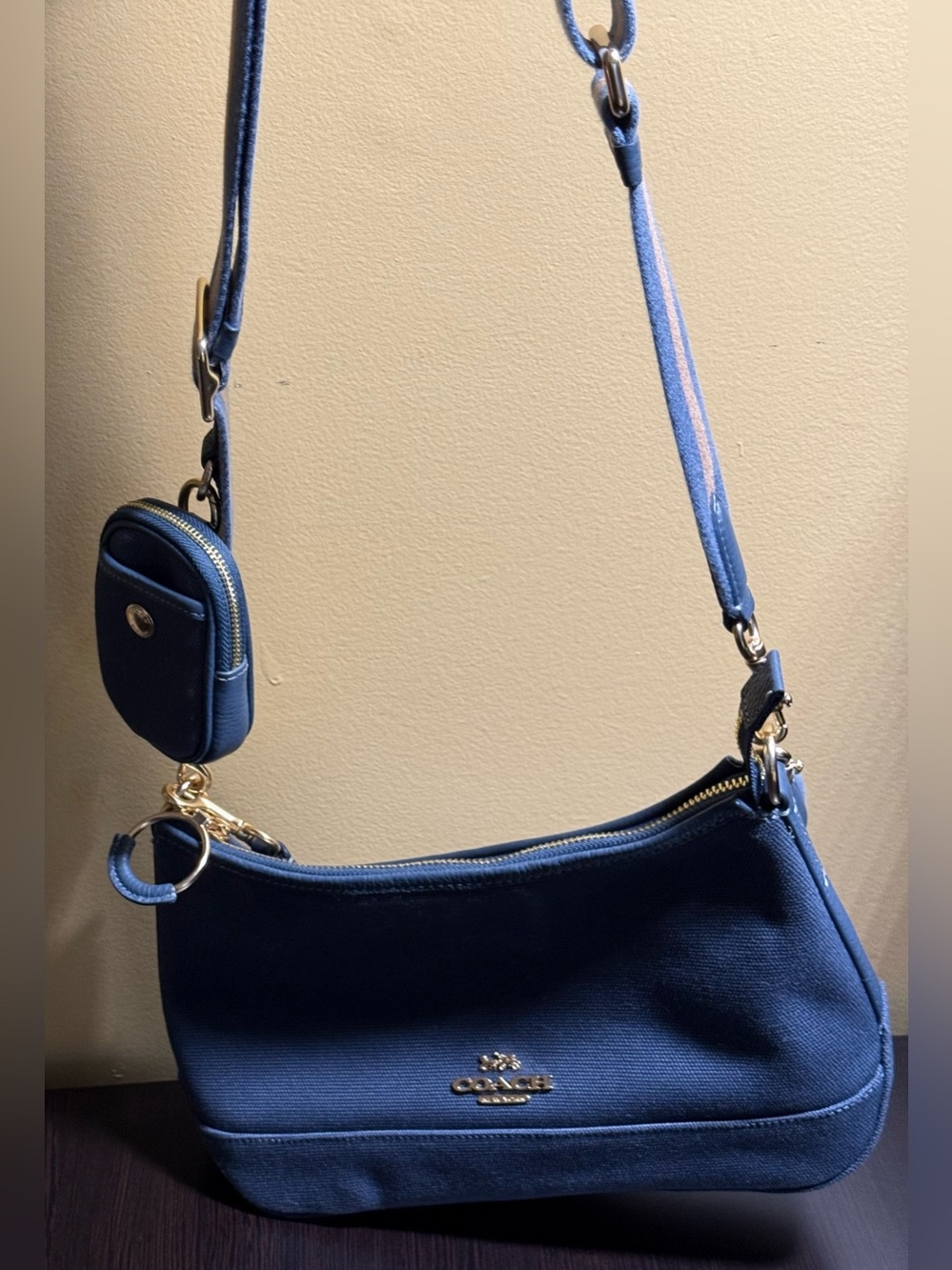 Coach Navy Canvas Shoulder Bag with Coin Pouch